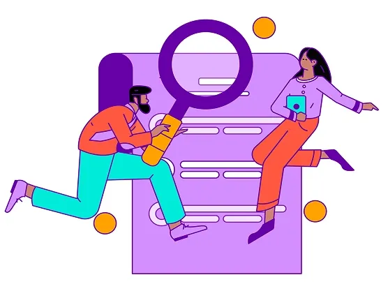 A drawing of two people: one holding a magnifying glass, the other holding a tablet; there's a document in the background