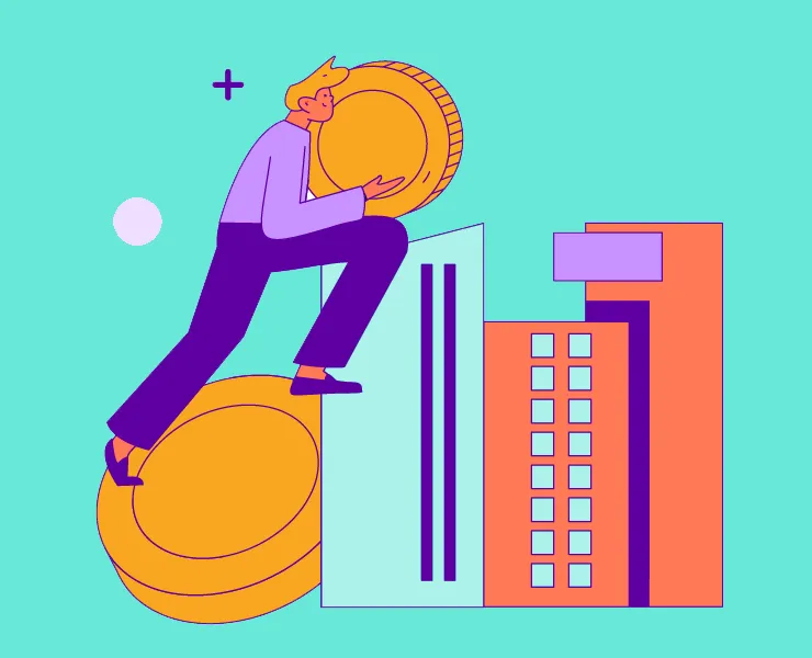 A drawing of a person holding a giant coin climbing buildings.