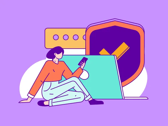 A drawing of a person sitting in front of a large laptop and other abstract objects.