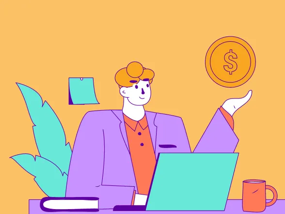 A drawing of two people with buildings, a money bag, a clipboard, and a calculator.