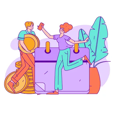 Drawing of two people with a calendar and coins