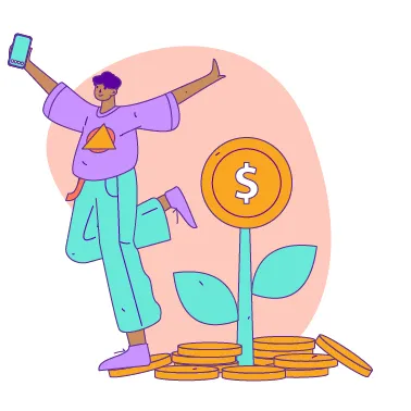 Drawing of a person with a money plant and coins