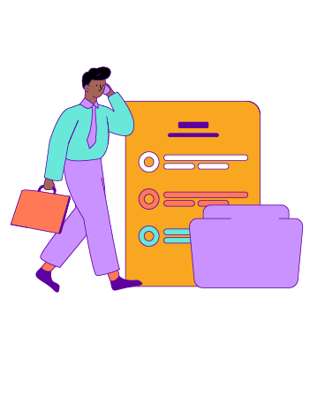 A drawing of a businessperson with a briefcase on the phone, there's a large representation of a folder and document