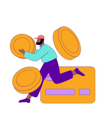A drawing of a person with a giant credit card and giant coins.