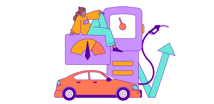 A drawing of a person sitting on a gauge next to a car and a fuel pump