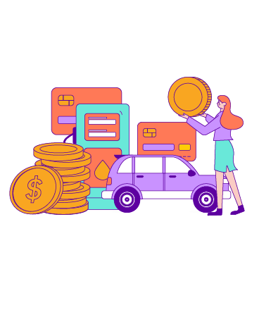 Drawing of a person with a car, gas pump, coins, and a bank card