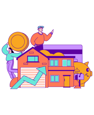 Simplified drawing of people, a house, and money