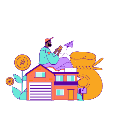 Drawing of a person with a house, a money bag, a paper airplane, and coins