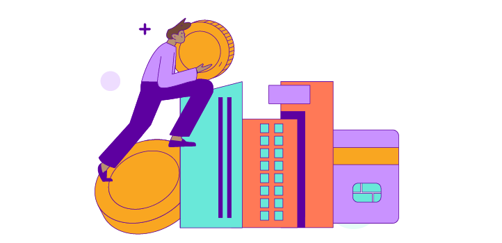 Simplified drawing of a human holding a coin climbing up a coin and buildings
