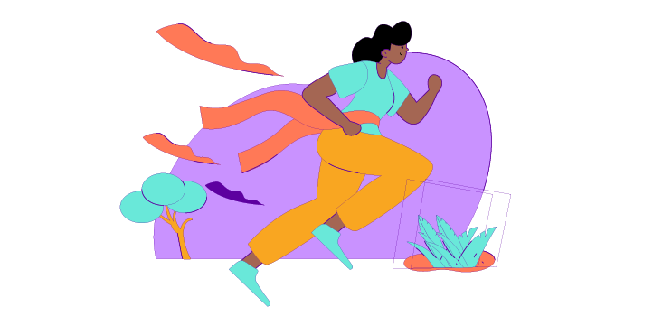 A drawing of a person running through natural surroundings including a tree and a bush.