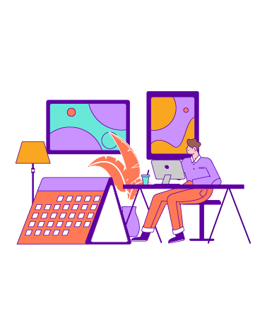 Person working at a desk with a computer, surrounded by a lamp, plant, calendar, and colorful abstract art in a modern office.