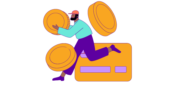 Simplified drawing of a person with coins and a bank card