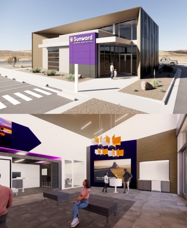 A digital mockup of the exterior and interior of Sunward's Ladera branch. Exterior: The sides and top of the building form a solid rectangle while the front is inset with windows. Interior: A large main room with benches, a standing table, and doorways to smaller rooms.