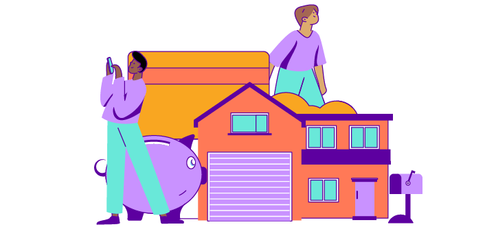Drawing of two people with a house, a piggy bank, and a bank card