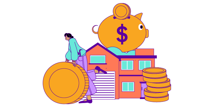 Drawing of a person with a house, giant coins, and a giant piggy bank