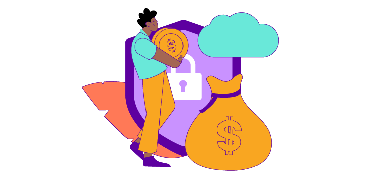 A drawing of a person taking a giant coin to a money bag with a cloud over it, there's a shield with a lock on it and a feather in the background
