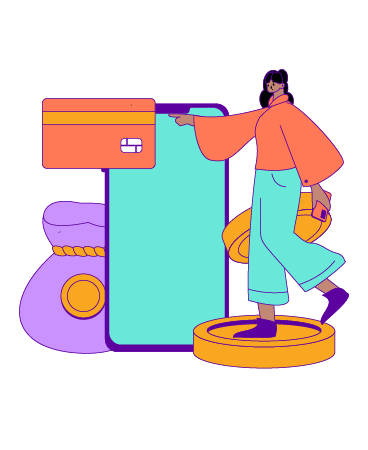 A drawing of a person holding a phone standing on a giant coin; a giant phone, a giant bank card, a giant coin, and a giant coin bag are behind and around the person