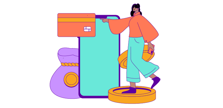 A drawing of a person holding a phone standing on a giant coin; a giant phone, a giant bank card, a giant coin, and a giant coin bag are behind and around the person