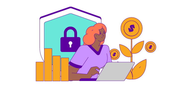 Drawing of a person working on a laptop with a plant growing coins and a shield with a lock on it in the background