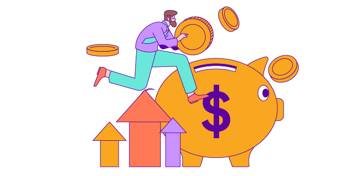 A drawing of a person putting a giant coin into a giant piggy bank