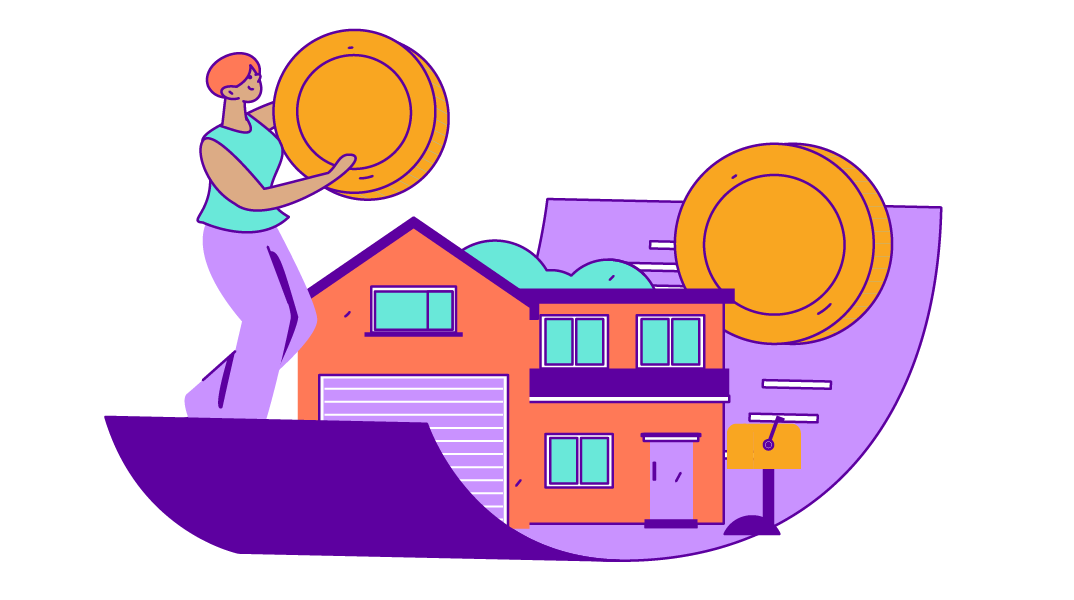 A drawing of a person with a house and coins cradled in a document