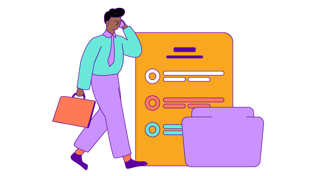 A drawing of a businessperson with a briefcase on the phone, there's a large representation of a folder and document