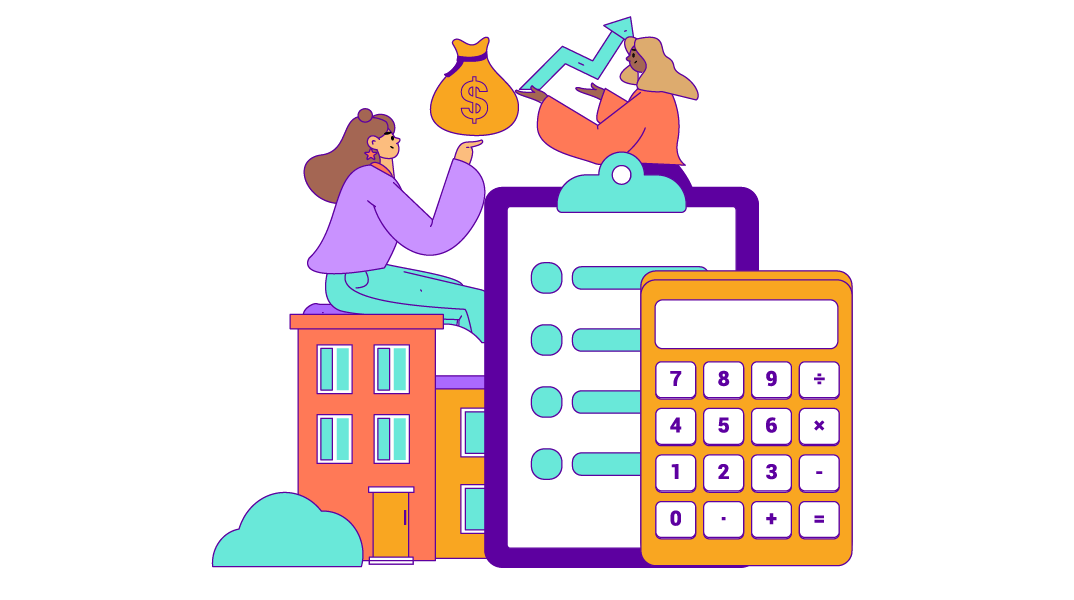 Simplified drawing of people, money, a clipboard, buildings, and a calculator