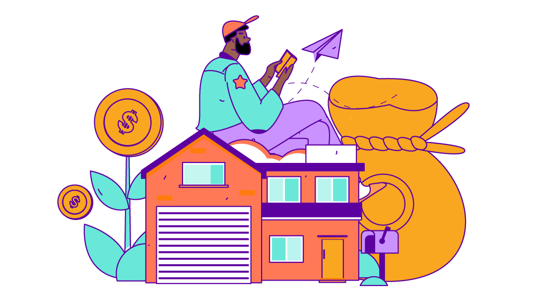 Drawing of a person with a house, a money bag, a paper airplane, and coins