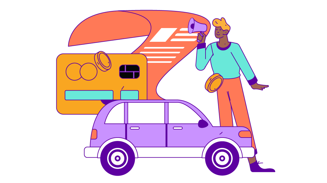 Drawing of a person holding a megaphone standing by a car, a bank card, and a contract