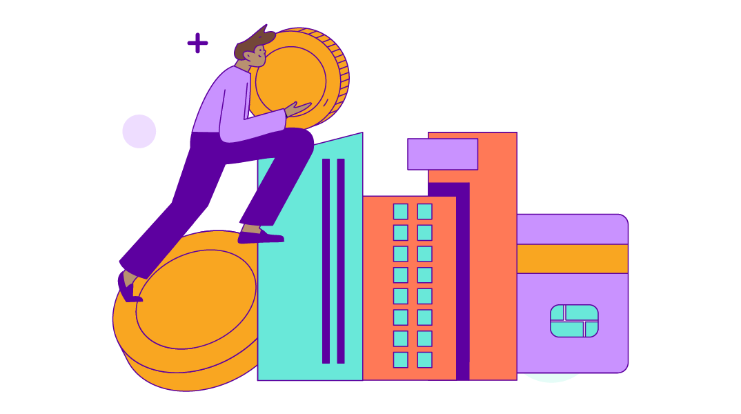 Simplified drawing of a human holding a coin climbing up a coin and buildings