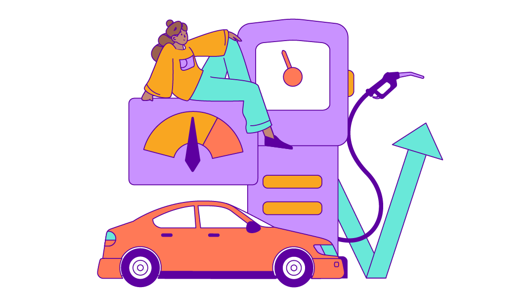 Drawing of a person with a car, a gauge, and a fuel pump