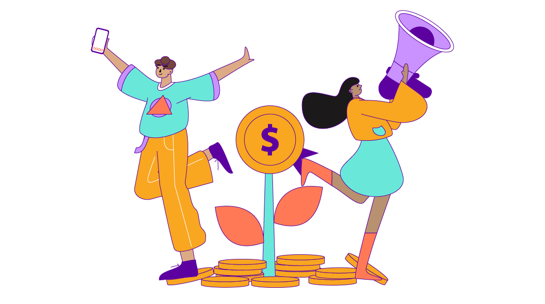 A colorful illustration shows two joyful people celebrating growth, one holding a phone and the other a megaphone, dancing around a sprouting coin plant symbolizing financial success or marketing impact.