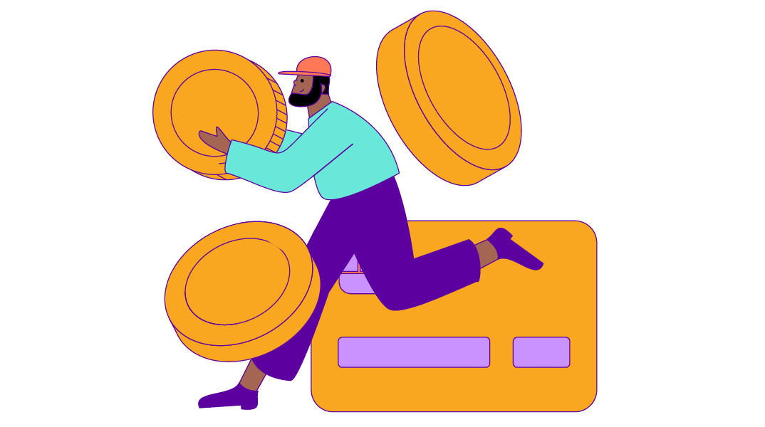 Simplified drawing of a person with coins and a bank card