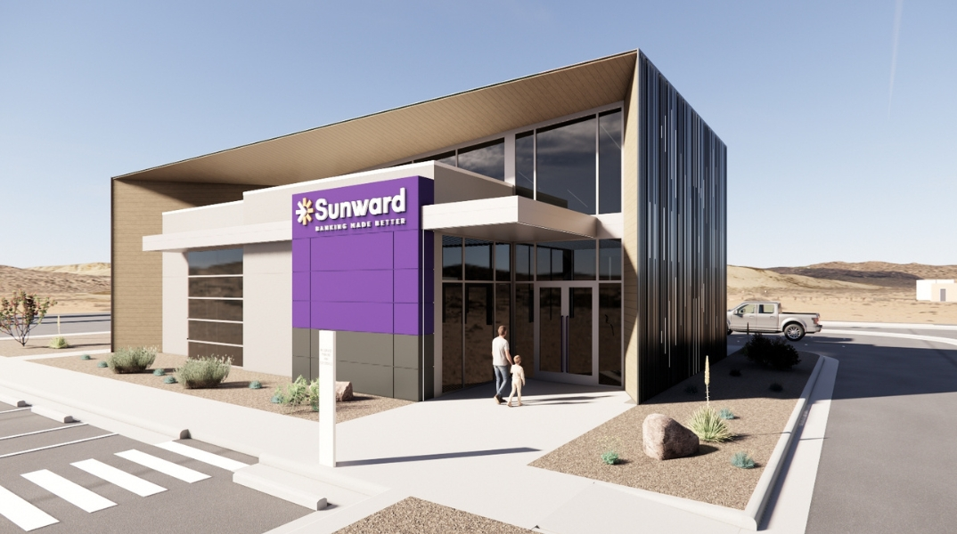 A digital mockup of the exterior of Sunward's Ladera branch. The sides and top of the building form a solid rectangle while the front is inset with windows.