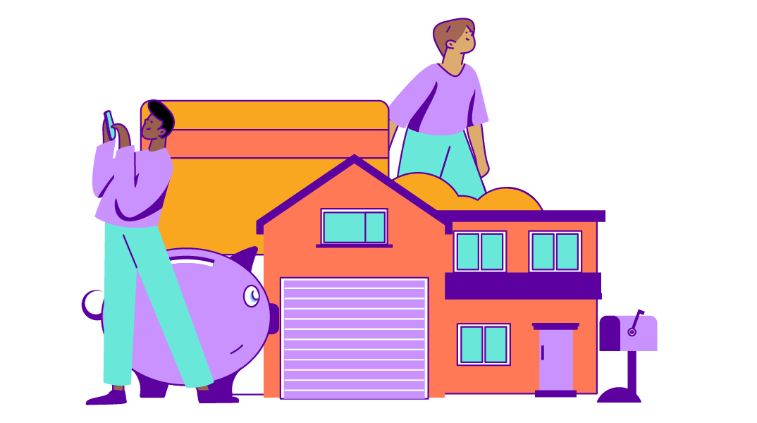 Drawing of two people with a house, a giant bank card, and a giant piggy bank