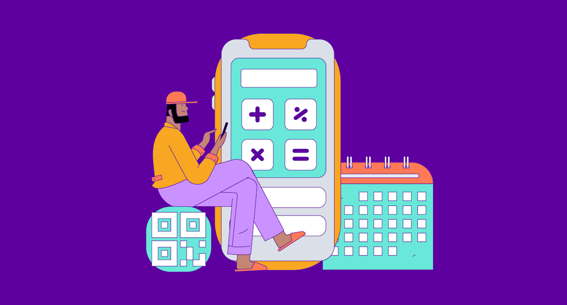 A drawing of a person sitting on a simplified QR code, a large calculator and calendar are in the background