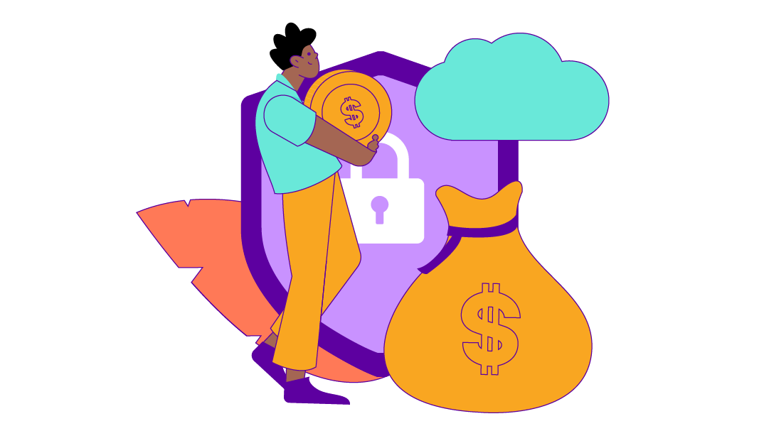 A drawing of a person taking a giant coin to a money bag with a cloud over it, there's a shield with a lock on it and a feather in the background