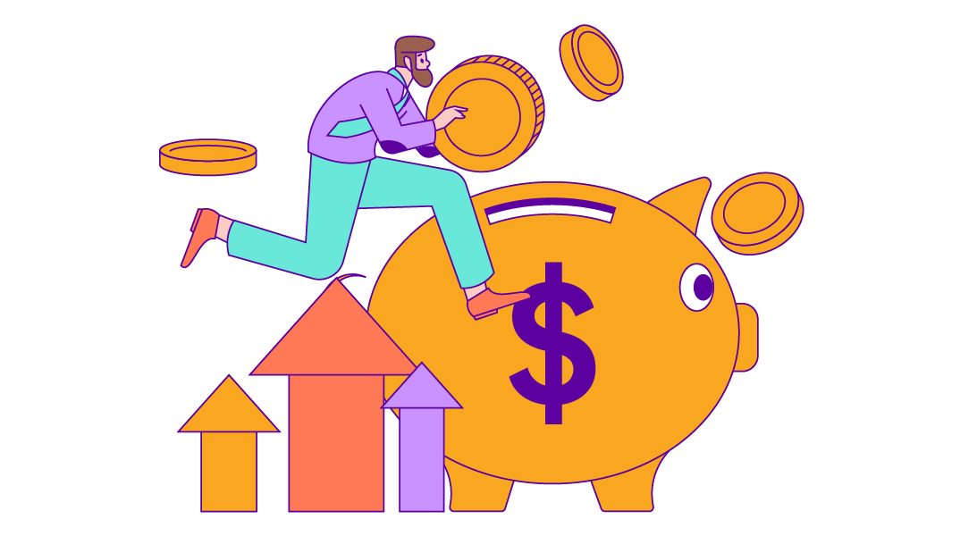 A drawing of a person putting a giant coin into a giant piggy bank