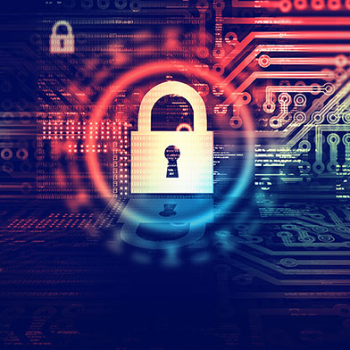 Blue, pink, green, and purple illustration of a lock and cyber pattern
