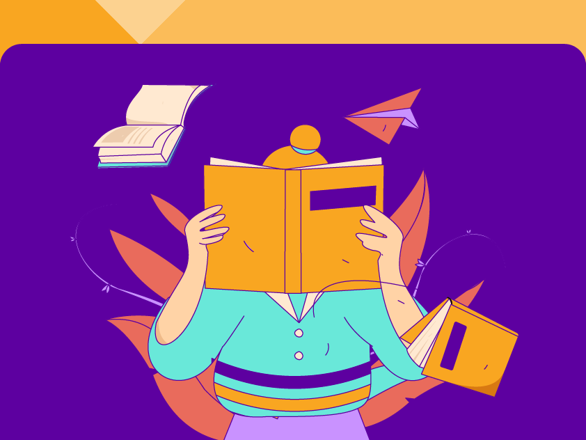 An illustration of someone reading a book while books and a paper airplane fly around their head.